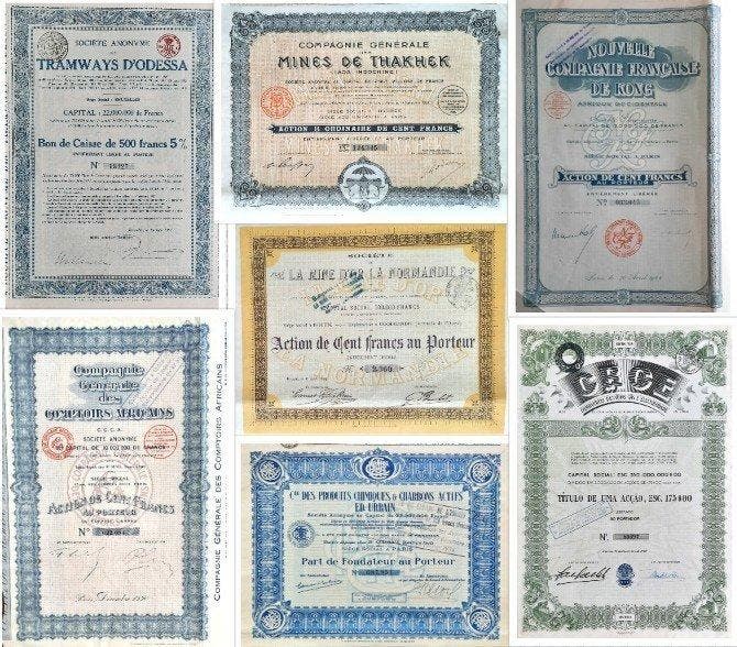 Europese Unie. Uniek lot van 69 Europese aandelen :, Antiquités & Art, Antiquités | Jouets