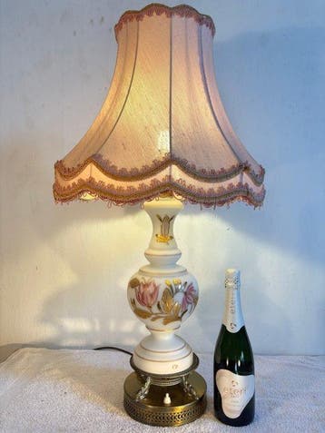 Tafellamp - Messing, Textiel, Glas - Uniek Exemplaar