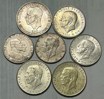 Zweden. Set of 7 coins: 2, 5, 10 Kronor 1907/1972, incl., Postzegels en Munten, Postzegels | Europa | Rusland, Gestempeld