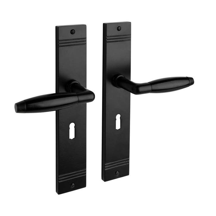 Geveerde deurklink Retro mat zwart op schild met sleutelg..., Doe-het-zelf en Bouw, Hang- en Sluitwerk, Klink of Kruk, Nieuw, IJzer