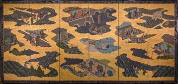 Een Japanse zesdelige bybu () met bladgoud en verhalende