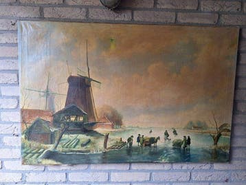 J C C Trollaard - Winterlandschap met veel perzonen en paard
