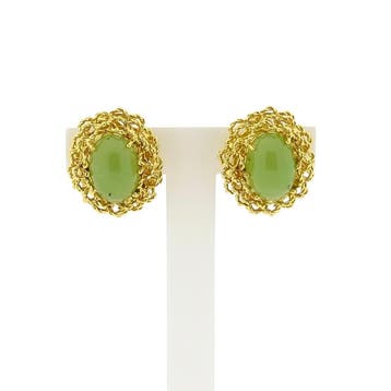 18 Krt. Gouden oorclips met chrysopraas (Oorbellen), Ophalen of Verzenden
