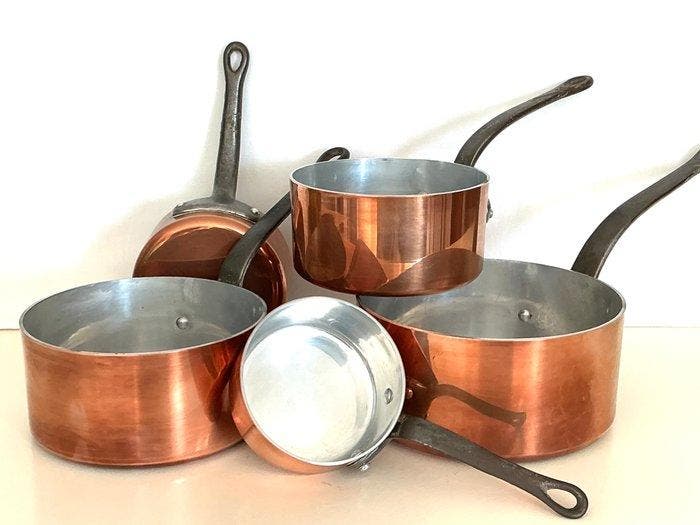 Roodkoperen kookpannen met RVS binnenkanten en gietijzeren, Antiquités & Art, Antiquités | Ustensiles de cuisine