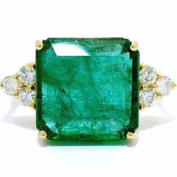 Ring - 14 karaat Geel goud - 7.55ct. tw. Smaragd - Diamant