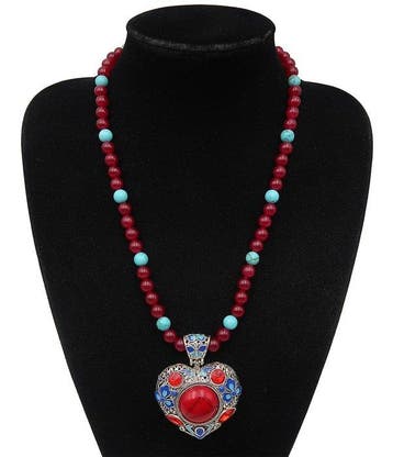 Howliet-turkoois, robijn - Boeddhistische ketting -