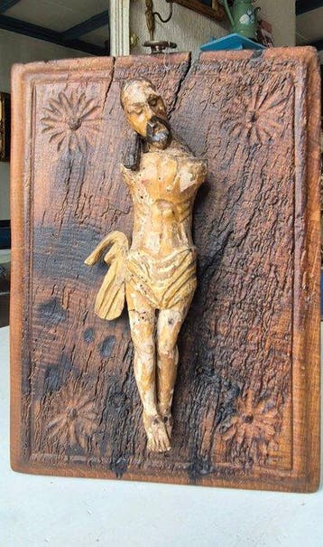 Antiek Corpus Christi op eiken paneel 27 x 37 cm - Hout -