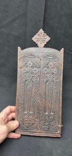 Koptisch houten drieluik uit Ethiopië met schilderij -
