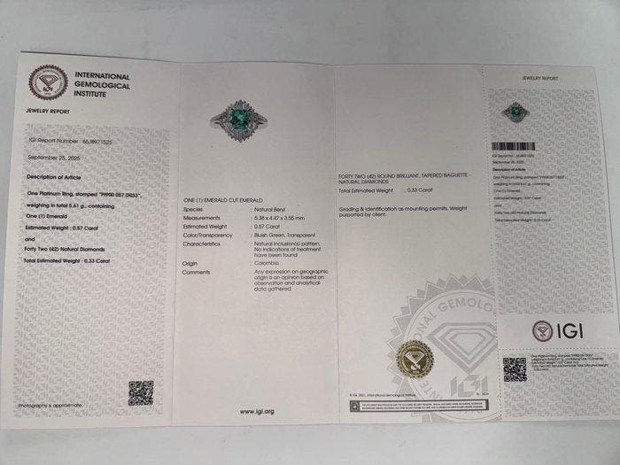 Ring Platina - 0.90ct. tw. Smaragd - Diamant -, Bijoux, Sacs & Beauté, Bagues