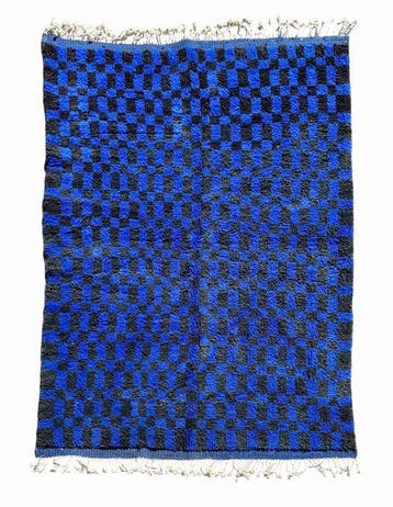 Tapis en laine marocain à carreaux bleu et noir - Tapis -, Nieuw