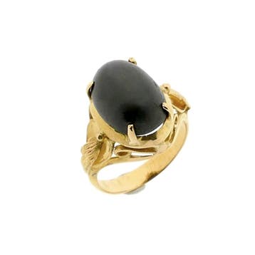 Gouden ring met zwarte labradoriet, Handtassen en Accessoires, Ringen, Gebruikt, Overige kleuren, Ophalen of Verzenden, Kleiner dan 17
