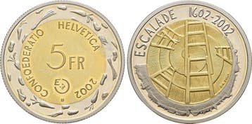 5 Franken Probe Escalade Genf 2002 Schweiz:, Verzenden, België