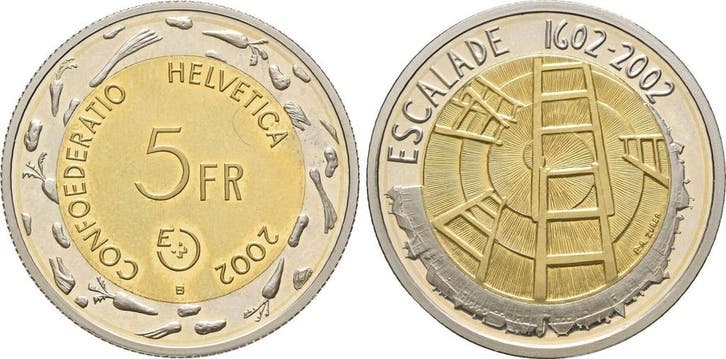 5 Franken Probe Escalade Genf 2002 Schweiz:, Timbres & Monnaies, Monnaies | Europe | Monnaies non-euro, Envoi