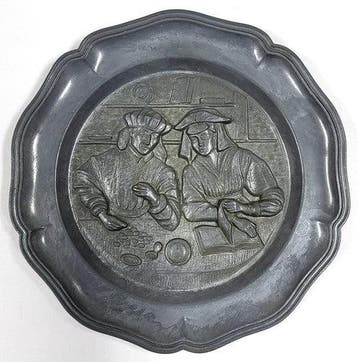 Vintage zinken wandbord met geldtelscène, Verzenden, Nieuw