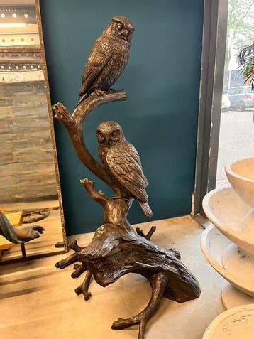 sculptuur, Two Owls on a Tree Trunk - 170 cm - Brons