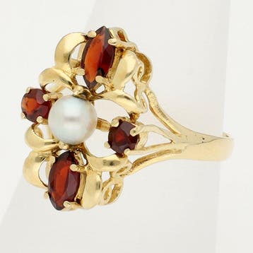 Ring - 18 karaat Geel goud - Parel - Granaat, Nieuw