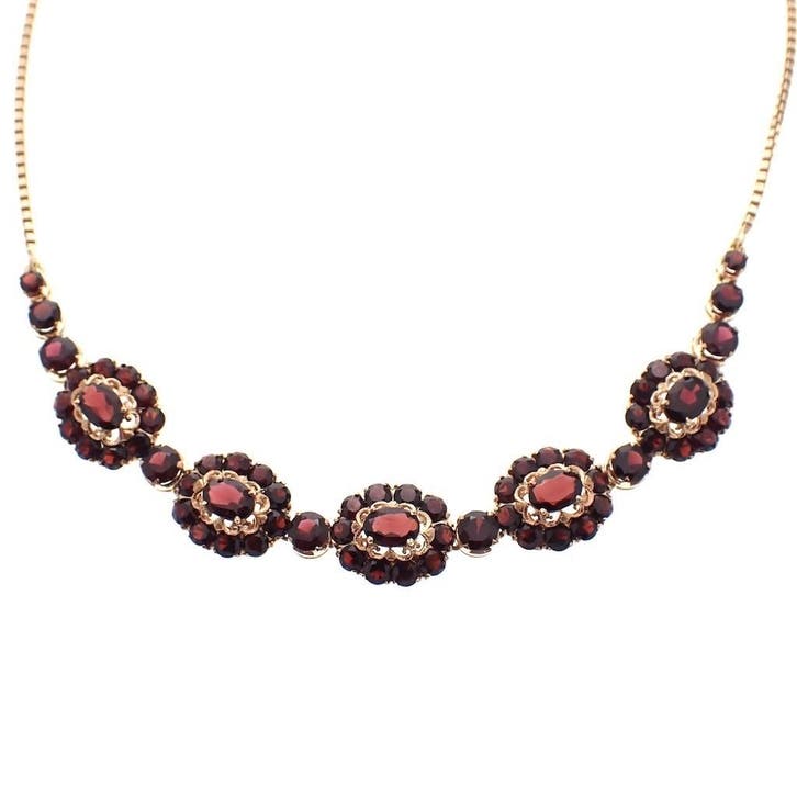 Antiek gouden venetiaanse schakelcollier met granaat, Handtassen en Accessoires, Kettingen, Overige kleuren, Gebruikt, Met edelsteen