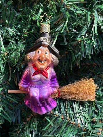 Brigitte Müller: Heks op bezemsteel, glas, kerstornament -, Nieuw