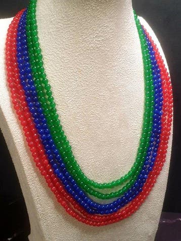 Rode, Blauwe en Groene Jade, 6 rijen - Halsketting