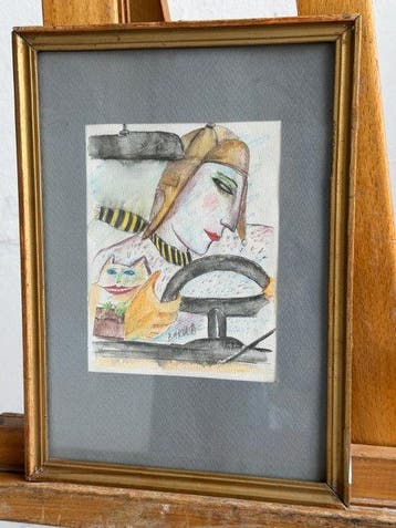 Hanna Bakula (1950) - Donna con gatto, Antiek en Kunst, Kunst | Schilderijen | Modern