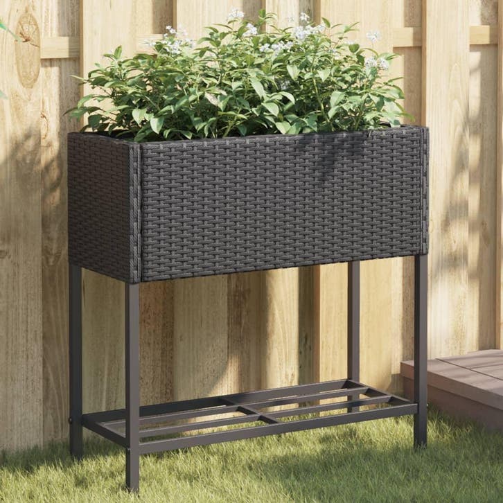 vidaXL Plantenbak met schap poly rattan zwart, Tuin en Terras, Bloempotten, Nieuw, Verzenden