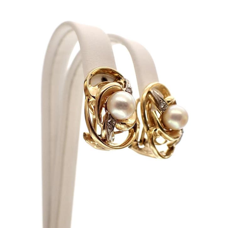 Vintage gouden oorclips met parel en diamanten; 0,08 ct., Bijoux, Sacs & Beauté, Boucles d'oreilles, Enlèvement ou Envoi