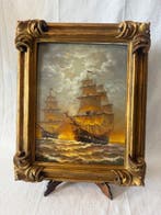 Dutch School (XIX-XX) - Marina con velieri al tramonto, Antiek en Kunst