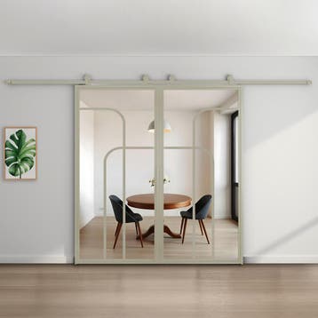 Dubbele stalen schuifdeur Kiezelgrijs4 Vlaks rond Helder gla, Nieuw, Metaal, 75 tot 150 cm, 150 tot 225 cm