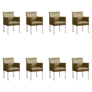 Set van 8 Leren eetkamerstoelen More - Vintage Olive, Huis en Inrichting, Stoelen, Ophalen of Verzenden, Nieuw, Leer, Eén