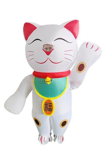 KIMU® Opblaas Kostuum Gelukskat Wit Maneki Neko Dames Heren, Ophalen of Verzenden