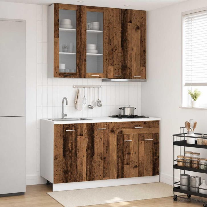 vidaXL Keukenblok LYON 4 pcs Oud hout Bewerkt hout, Maison & Meubles, Armoires | Autre, Envoi