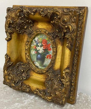 in Barok Lijstje - Cadre- Nature morte aux fleurs - Bois -, Antiquités & Art