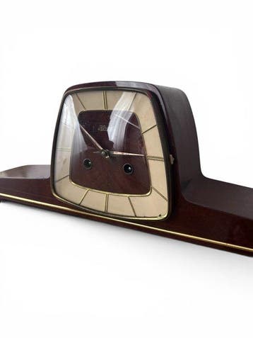 Tafelklok - Mid-century modern - Verguld messing, Walnoot -, Antiek en Kunst
