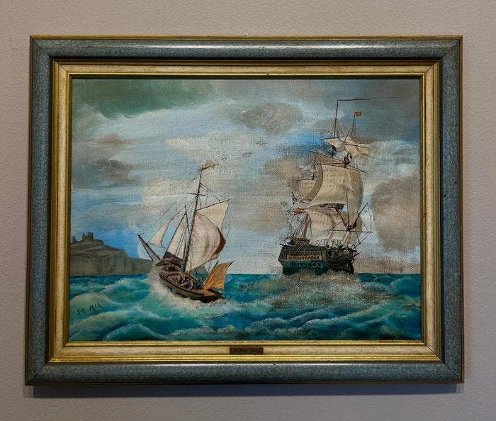 École espagnole (XX) - Galeone in approdo al porto, Antiquités & Art, Art | Peinture | Classique