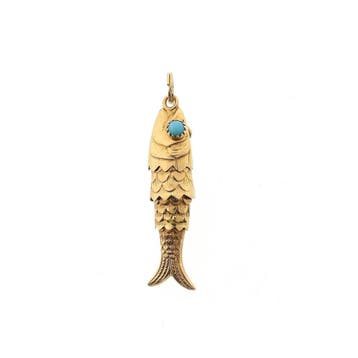 Gouden hanger van een vis met Turquoise (Hanger of bedel), Handtassen en Accessoires, Bedels, Ophalen of Verzenden, Gebruikt, Goud