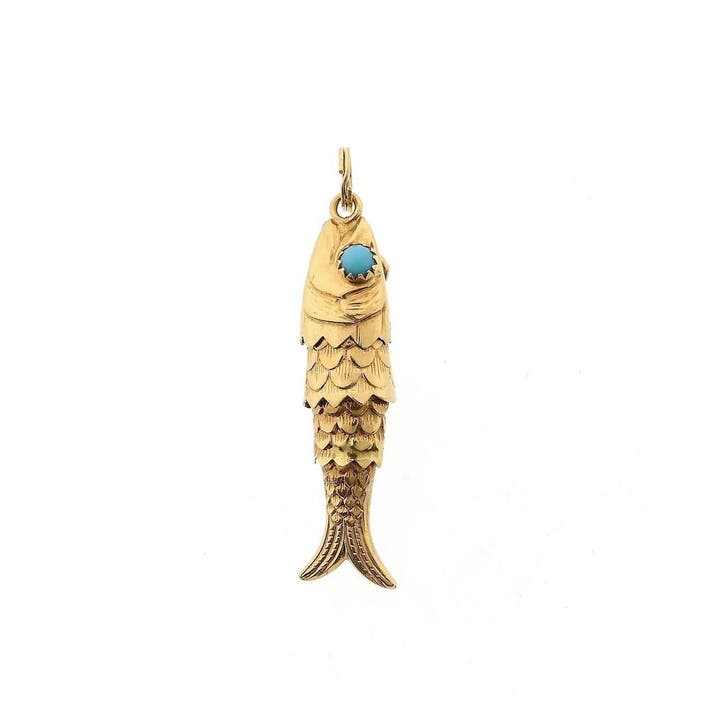 Gouden hanger van een vis met Turquoise (Hanger of bedel), Handtassen en Accessoires, Bedels, Gebruikt, Overige merken, Goud, Ophalen of Verzenden