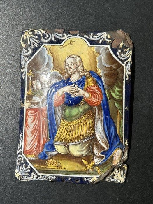 Emaille plaat - Heilige knielend in gebed - Koper, Antiek en Kunst, Kunst | Niet-Westerse kunst