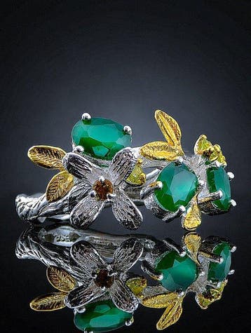 Onyx - Zilver - Ring - Bosbloei, Antiek en Kunst
