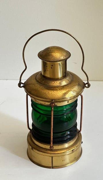Frans Vintage Franse scheepslantaarn – groen glas en messing
