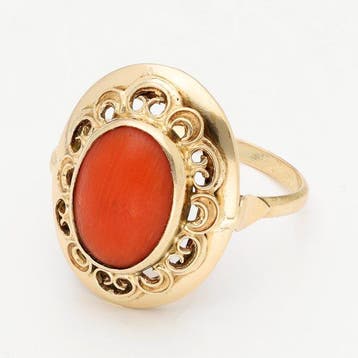 Bague - 14 carats Or jaune - corail rouge, Bijoux, Sacs & Beauté