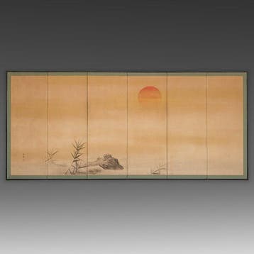 Vouwscherm met minogame en zonsondergang - Papier, Gelakt