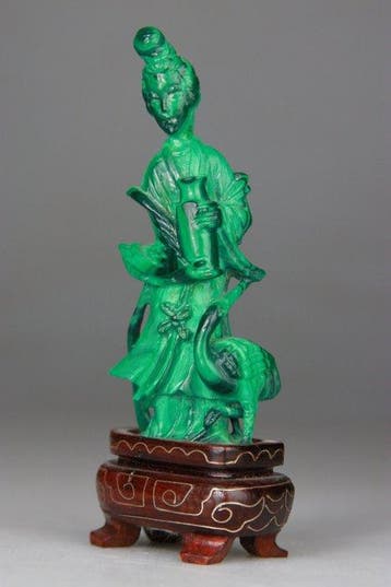 Statuette Sculpture Kwanyin - Socle en Bois Sculpte -, Antiquités & Art