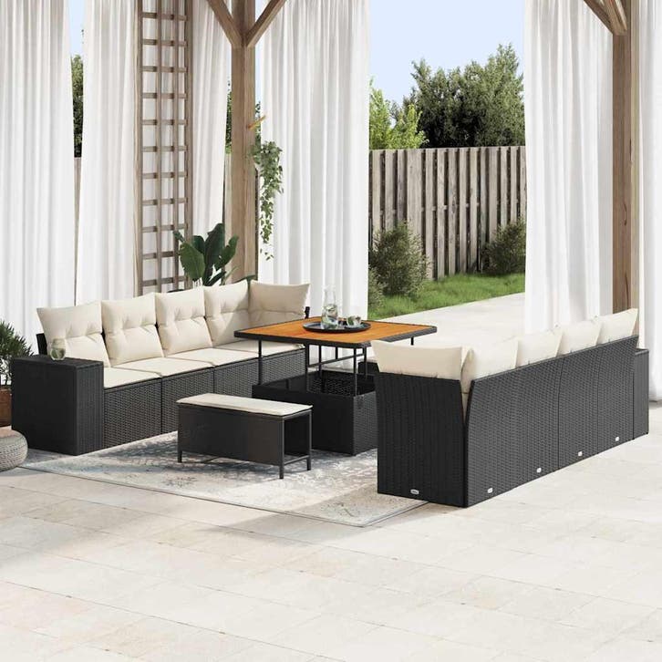 vidaXL Tuinbank Set met kussen 11 pcs Zwart en Crème poly, Tuin en Terras, Tuinsets en Loungesets, Nieuw, Verzenden