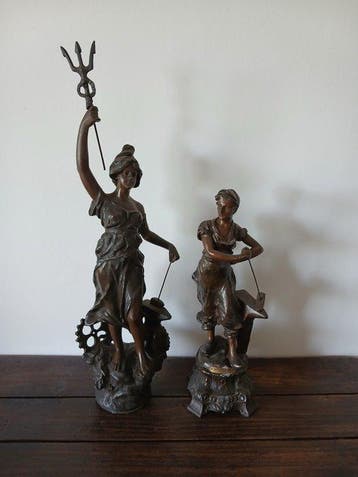 Statue, 2 beelden - 63 cm - zamak - 1940, Antiek en Kunst