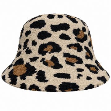Bucket Hat Hoedje – Panterprint - Gebreid – Bruin, Nieuw
