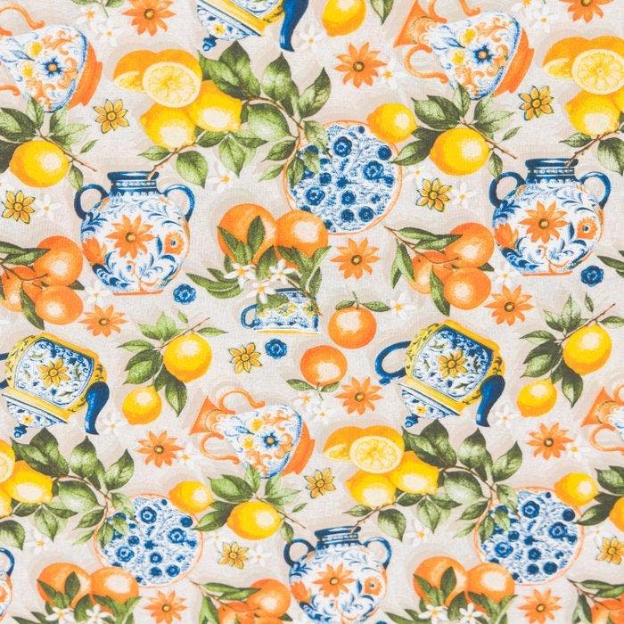 BA184 - Citrus en Keramiek-stof - Mediterrane compositie -, Antiek en Kunst, Antiek | Tapijten, Tafelkleden en Textiel