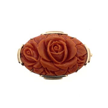 Gouden broche met camee; bloedkoraal, Handtassen en Accessoires, Broches, Gebruikt, Ophalen of Verzenden, Met edelsteen, Goud