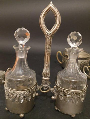 Tafelservies (6) - Verzilverd messing, Kristal - antiek, Antiek en Kunst