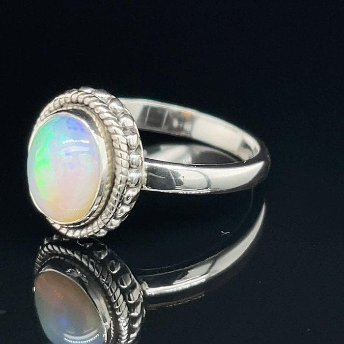 Zilver - Ring - Natural-Opal, Verzamelen, Mineralen en Fossielen