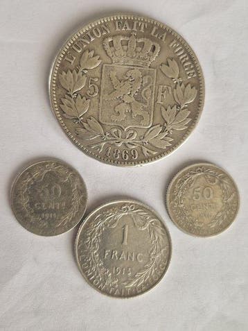 België. Lot 4 coins, incl. 5 Francs 1869 (Zonder, Postzegels en Munten